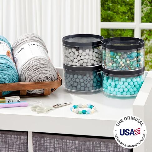 حاوية بلاستيكية شفافة قابلة للتكديس من STORi Bella (مجموعة من 4) منظمات تخزين دائرية بأغطية رمادية للخرز والفنون واللوازم الحرفية | صنع فى أمريكا in Kuwait