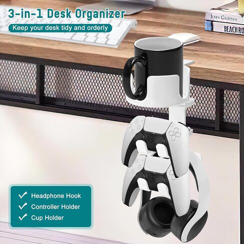 welltop 4 in 1 Controller Holder with Desk Cup Holder & Headphone Hanger, Rotatable Under Desk Clamp Controller Holder Dual Gamepad Headset Stand Gaming Desk Accessories for Xbox, PS4, PS5, PC, Switch in Kuwait