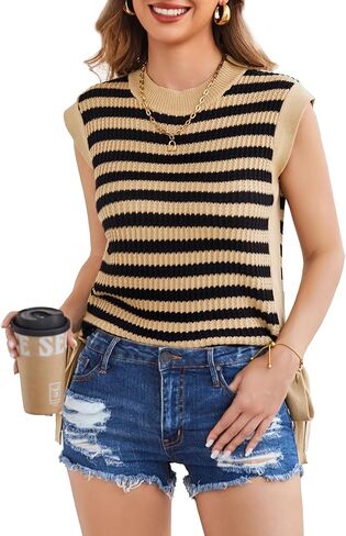 GRACE KARIN Womens Sweater Vest Cap Sleeve Crew Neck Striped Tank Top Lightweight Knit Ribbed Casual Summer Shirts in Saudi Arabia