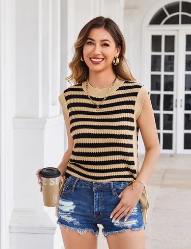 GRACE KARIN Womens Sweater Vest Cap Sleeve Crew Neck Striped Tank Top Lightweight Knit Ribbed Casual Summer Shirts in Saudi Arabia