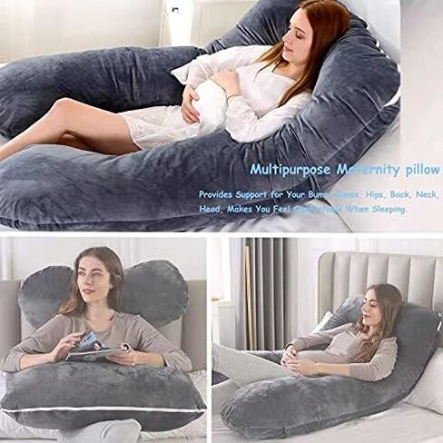 وسائد الجسم للحمل من كريتوب مع غطاء مخملي، وسادة الجسم بالكامل على شكل حرف U، وسادة أمومة طويلة، دعم للظهر والرقبة والساقين والورك والبطن، غطاء قابل للغسل قابل للإزالة، 55 بوصة أسود in Kuwait