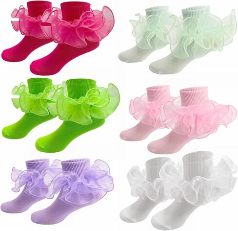 WBZOTSS Girls Lace Ruffle Socks Double Frilly Princess Style Dress Socks Toddler Turn Cuff Socks 6 Pack in Saudi Arabia