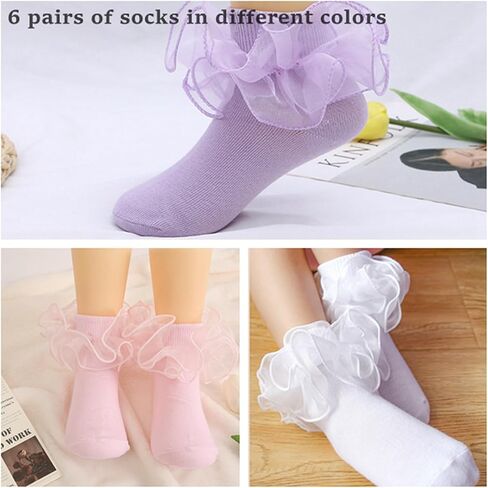 WBZOTSS Girls Lace Ruffle Socks Double Frilly Princess Style Dress Socks Toddler Turn Cuff Socks 6 Pack in Saudi Arabia