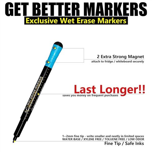 Mag-Fancy Magnetic Wet Erase Marker Set - Fine Tip Water base Arylic Marker Erasable Liquid Chalk Pen 9 Colors… in Kuwait