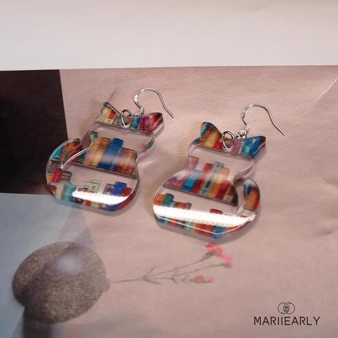 Bookcase Dangle Earrings:Book Earrings For Women,Book Shelves Patterned Earrings, Hand-made Acrylic Earrings, Book Lover Drop Earrings, Graduation Teachers Day Gifts (Cat) in Saudi Arabia