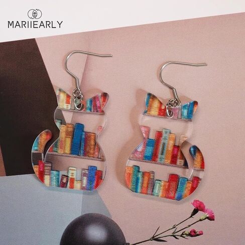 Bookcase Dangle Earrings:Book Earrings For Women,Book Shelves Patterned Earrings, Hand-made Acrylic Earrings, Book Lover Drop Earrings, Graduation Teachers Day Gifts (Cat) in Saudi Arabia