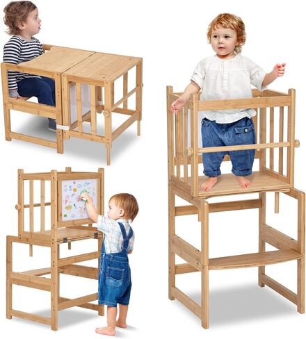 COSYLAND 3-in-1 Multifunctional Toddler Standing Tower, Kids Kitchen Step Stool with Whiteboard, Desk Table and Chair, Enjoys Unique Patented Design,FSC,CPC,SOR,CE, Black in Saudi Arabia