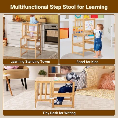 COSYLAND 3-in-1 Multifunctional Toddler Standing Tower, Kids Kitchen Step Stool with Whiteboard, Desk Table and Chair, Enjoys Unique Patented Design,FSC,CPC,SOR,CE, Black in Saudi Arabia