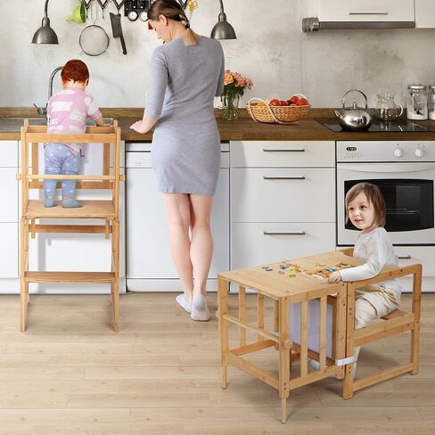 COSYLAND 3-in-1 Multifunctional Toddler Standing Tower, Kids Kitchen Step Stool with Whiteboard, Desk Table and Chair, Enjoys Unique Patented Design,FSC,CPC,SOR,CE, Black in Saudi Arabia