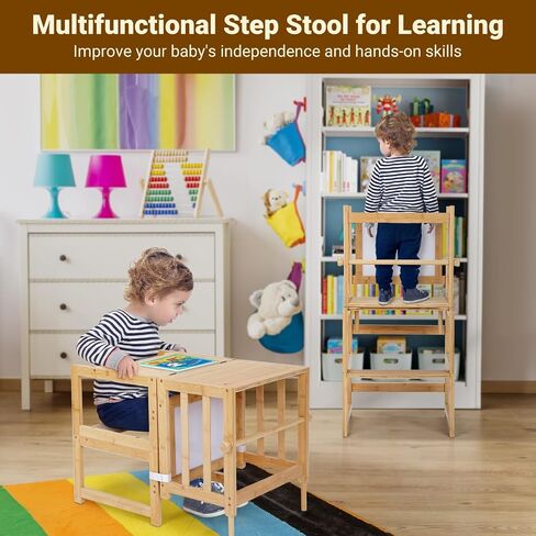 COSYLAND 3-in-1 Multifunctional Toddler Standing Tower, Kids Kitchen Step Stool with Whiteboard, Desk Table and Chair, Enjoys Unique Patented Design,FSC,CPC,SOR,CE, Black in Saudi Arabia