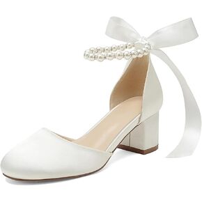 High Block Heel Wedding Closed Toe Sandals for Bride Pearl Bow Ankle Strap Women Chunky Heels Sandal Round Toe Satin Bridal Shoes in Saudi Arabia
