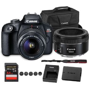 Canon EOS Rebel T100 DSLR Camera with 18-55mm Lens | 18MP APS-C Sensor, Built-in Wi-Fi & Full HD Video | for Beginners, Travel & Everyday Shooting (2628C029) + EF 50mm f/1.8 STM Lens + Bag + More in Kuwait