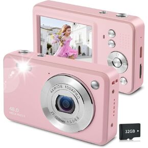 كاميرا رقمية للأطفال، كاميرات رقمية بدقة 1080 بكسل بدقة 48 ميجابكسل مع بطاقة ذاكرة 32 جيجابايت وكاميرا تكبير رقمية 16X للأطفال، هدية صغيرة محمولة مدمجة للأولاد والبنات المراهقين in Kuwait