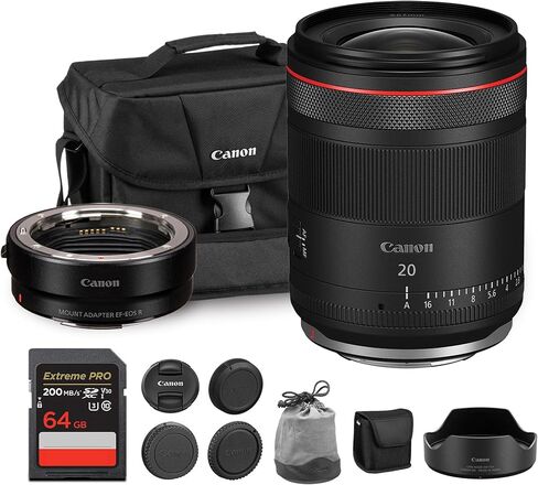 عدسة كانون RF 20 ملم f/1.4 L VCM | سلسلة L-Series فائقة الاتساع مع فتحة f/1.4 ساطعة وتركيز تلقائي سريع وبصريات متقدمة | للهندسة المعمارية والتصوير الفلكي + محول EF-EOS R + حقيبة + بطاقة 64 جيجابايت in Kuwait