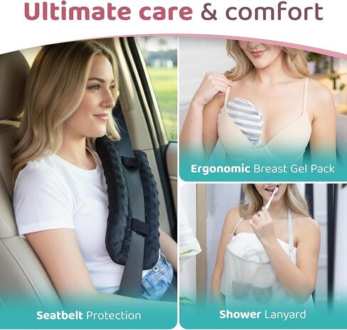 وسادة زومابل بعد استئصال الثدي مع حزام، حزمة جل الثدي، غطاء حزام الأمان وحبل الدش، رمادي - يمكن ارتداؤها بدون استخدام اليدين، راحة ساخنة/باردة ووسادة آمنة - مصنوعة لدعم التعافي من استئصال الثدي in Kuwait