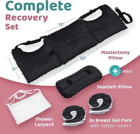 وسادة زومابل بعد استئصال الثدي مع حزام، حزمة جل الثدي، غطاء حزام الأمان وحبل الدش، رمادي - يمكن ارتداؤها بدون استخدام اليدين، راحة ساخنة/باردة ووسادة آمنة - مصنوعة لدعم التعافي من استئصال الثدي in Kuwait