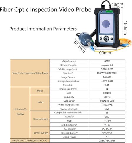 Fiber Optic Inspection Probe with 3.5" Display, Fiber Tester Kit for FC/SC/ST/LC Connections, High-Resolution Inspection Tool for Efficient Fiber Testing in Saudi Arabia