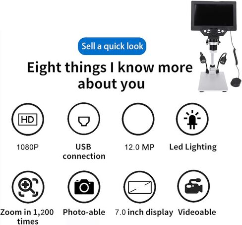 مجهر 7 بوصة، مجهر رقمي بتركيز تلقائي 1200X 12MP 1080P مع شاشة HD 7 بوصة، ثبات كوب الشفط، جهاز التحكم عن بعد، نقل الصور في الوقت الحقيقي in Kuwait