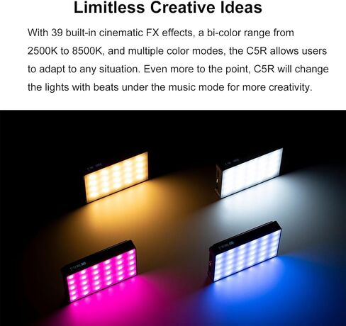 GODOX C5R RGBWW RGB Video Panel Light,RGB Creative Light Panel with 39 FX Special Effects,2500K-8500K CCT,Built-in 3.8V/3000mAh Lithium Battery,Pocket Camera Light for YouTube,Photography,Vlogging in Saudi Arabia