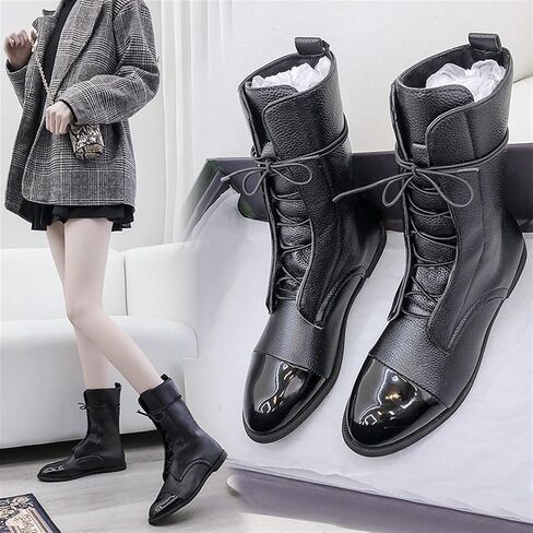 jianchi Leather Platform Boot Autumn Winter Women's Round-Headed Lace-up Flat-Bottomed Short Boots Fashion Boots Women Boots (Color : Black, Size : 8) in Saudi Arabia
