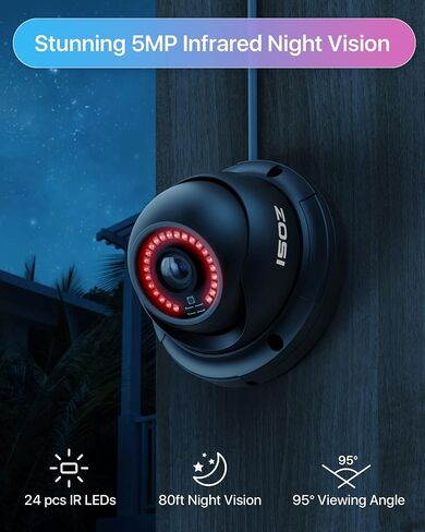 كاميرا ZOSI 5MP Add-on PoE Security IP خارجية داخلية، (2880 × 1620) 3K HD كاميرا مراقبة قبة مقاومة للطقس مع رؤية ليلية 80 قدمًا، 24 قطعة LED، زاوية عرض 95 درجة (العمل فقط PoE NVR) in Saudi Arabia