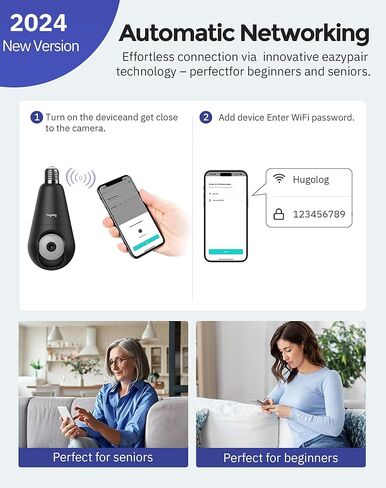 Hugolog 4K Indoor Pan/Tilt Security Camera with Auto-Focus,Ideal for Baby Monitor/Pet Camera/Home Security + 2K Light Bulb Security Camera 5G& 2.4GHz WiFi, 360° Wireless Outdoor Indoor Camera in Kuwait