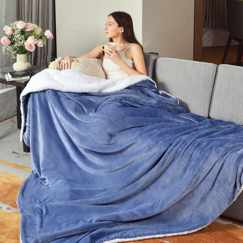 KAWAHOME Sherpa Fleece King Size Blanket for Bed - Extra Warm and Heavy Thick Blankets for Winter, Super Soft 500GSM Plush Blanket, 108" X 90" Washed Blue in Saudi Arabia