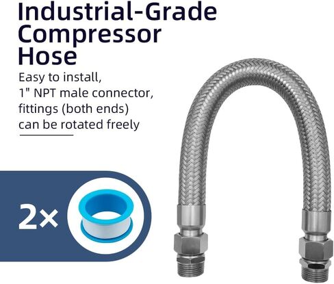 خرطوم توصيل الضاغط، بطول 20 بوصة، 1 بوصة NPT ذكر - فولاذ مقاوم للصدأ بدرجة صناعية مرنة مع محولين مقاس 1 بوصة، هيكل معدني من الفولاذ المقاوم للصدأ in Kuwait