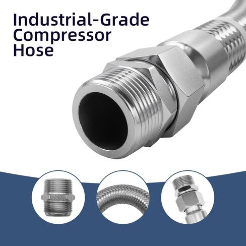 خرطوم توصيل الضاغط، بطول 20 بوصة، 1 بوصة NPT ذكر - فولاذ مقاوم للصدأ بدرجة صناعية مرنة مع محولين مقاس 1 بوصة، هيكل معدني من الفولاذ المقاوم للصدأ in Kuwait