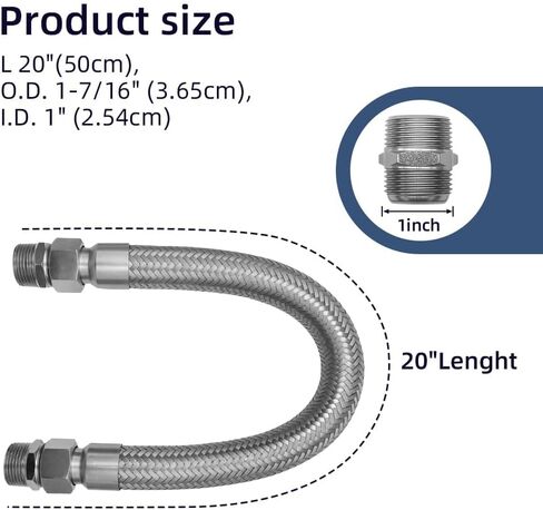 خرطوم توصيل الضاغط، بطول 20 بوصة، 1 بوصة NPT ذكر - فولاذ مقاوم للصدأ بدرجة صناعية مرنة مع محولين مقاس 1 بوصة، هيكل معدني من الفولاذ المقاوم للصدأ in Kuwait