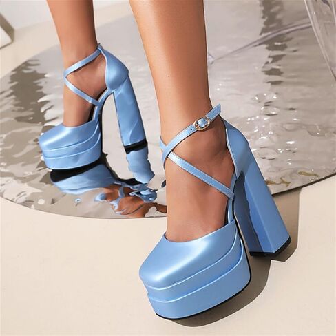 Women's Platform Chunky Heels Closed Toe Block Ankle Strap Dress Wedding Party Pumps Shoes in Saudi Arabia