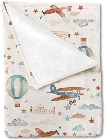 Unisex Plane Hot Air Balloon Prints Baby Nursery Throw Gift Blanket for Boys Girls, Aircraft Transportation Clouds Stars Pattern Swaddle Receiving Bed Blanket for Newborn Toddlers Kids-30x40 in Kuwait