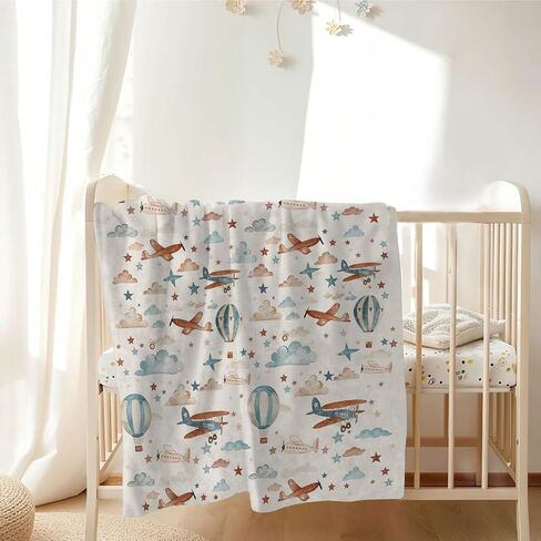 Unisex Plane Hot Air Balloon Prints Baby Nursery Throw Gift Blanket for Boys Girls, Aircraft Transportation Clouds Stars Pattern Swaddle Receiving Bed Blanket for Newborn Toddlers Kids-30x40 in Kuwait