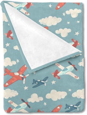 Unisex Plane Hot Air Balloon Prints Baby Nursery Throw Gift Blanket for Boys Girls, Aircraft Transportation Clouds Stars Pattern Swaddle Receiving Bed Blanket for Newborn Toddlers Kids-30x40 in Kuwait