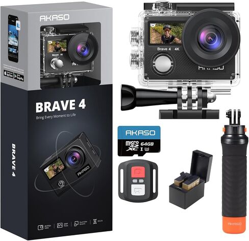 كاميرا AKASO Brave 4 Action مع بطاقة SD U3 سعة 64 جيجابايت وقبضة يد عائمة مقاومة للماء in Kuwait