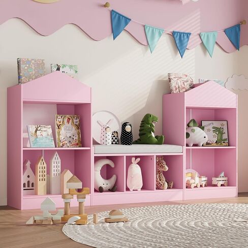 MHOM 68.9“ Kids Bookshelf with Reading Nook, Toy Storage Organizer with Seat Cushion and 7 Storage Cubbies, Wooden Kids Bookcase, Toy Organizers and Storage for Nursery, Playroom, White in Saudi Arabia