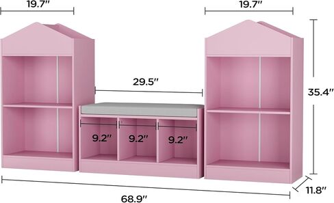 MHOM 68.9“ Kids Bookshelf with Reading Nook, Toy Storage Organizer with Seat Cushion and 7 Storage Cubbies, Wooden Kids Bookcase, Toy Organizers and Storage for Nursery, Playroom, White in Saudi Arabia