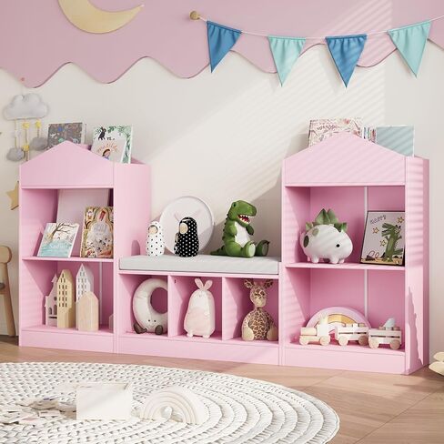 MHOM 68.9“ Kids Bookshelf with Reading Nook, Toy Storage Organizer with Seat Cushion and 7 Storage Cubbies, Wooden Kids Bookcase, Toy Organizers and Storage for Nursery, Playroom, White in Saudi Arabia