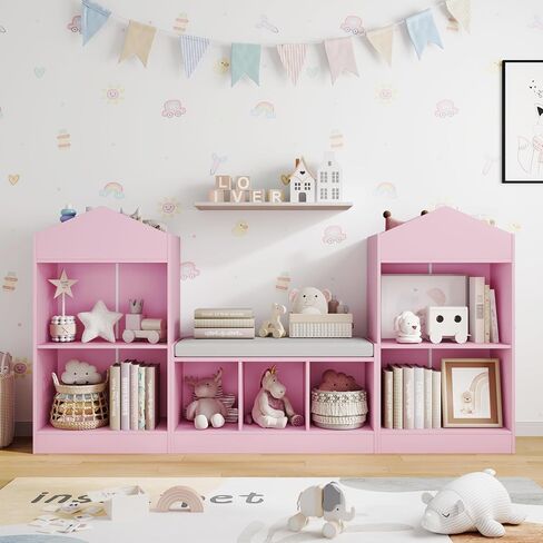 MHOM 68.9“ Kids Bookshelf with Reading Nook, Toy Storage Organizer with Seat Cushion and 7 Storage Cubbies, Wooden Kids Bookcase, Toy Organizers and Storage for Nursery, Playroom, White in Saudi Arabia