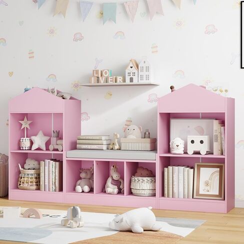 MHOM 68.9“ Kids Bookshelf with Reading Nook, Toy Storage Organizer with Seat Cushion and 7 Storage Cubbies, Wooden Kids Bookcase, Toy Organizers and Storage for Nursery, Playroom, White in Saudi Arabia