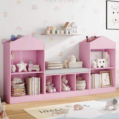 MHOM 68.9“ Kids Bookshelf with Reading Nook, Toy Storage Organizer with Seat Cushion and 7 Storage Cubbies, Wooden Kids Bookcase, Toy Organizers and Storage for Nursery, Playroom, White in Saudi Arabia