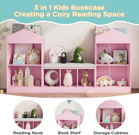 MHOM 68.9“ Kids Bookshelf with Reading Nook, Toy Storage Organizer with Seat Cushion and 7 Storage Cubbies, Wooden Kids Bookcase, Toy Organizers and Storage for Nursery, Playroom, White in Saudi Arabia