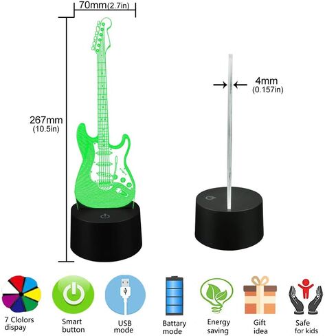 AZIMOM 3D Illusion Lamp Electric Guitar Remote Control 16 Colors Night Light for Kids Smart Touch Bedside Lamps Bedroom Decoration Boys & Girls Women Birthday Gifts in Kuwait