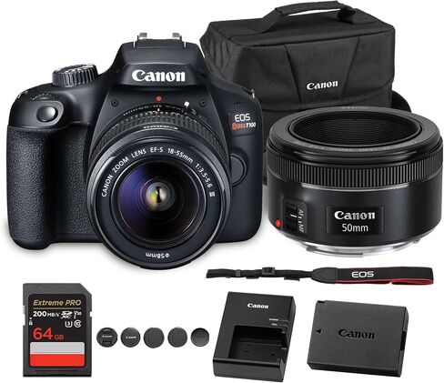 كاميرا كانون EOS Rebel T100 DSLR مع عدسة 18-55 ملم | مستشعر APS-C بدقة 18 ميجابكسل، وواي فاي مدمج وفيديو عالي الدقة | للمبتدئين والسفر والتصوير اليومي (2628C029) + عدسة EF 50 مم f/1.8 STM + حقيبة + المزيد in Saudi Arabia