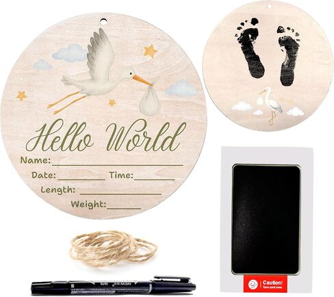 Hello World Baby Announcement Sign, Western Newborn Sign, 6.7 Inch Round Wooden Name Sign for hospital, With Ink Pad for Hand and Footprints, Marker Pen, Baby Photo Prop & Keepsake in Saudi Arabia