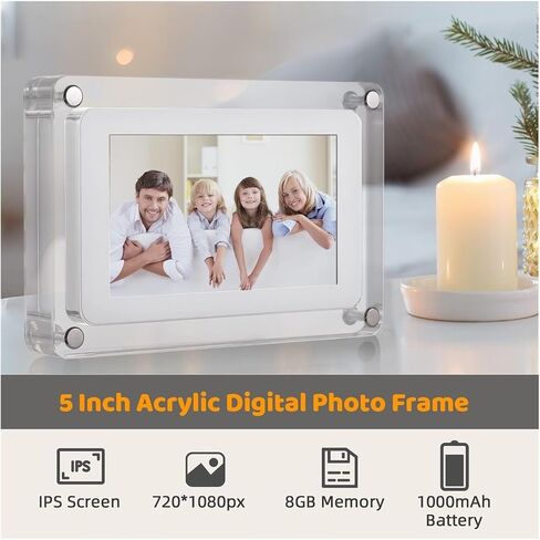 5" Acrylic Digital Photo Frame, 8GB Memory, Video/Music/Photo Player, Auto Rotation, Rechargeable Battery, Gift for Friends & Family in Saudi Arabia