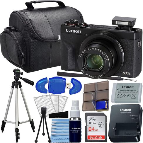 Canon PowerShot G7 X Mark II Digital Camera (Black) Bundle with SanDisk 64GB Memory Card, Full Size Tripod, High Speed Card Reader + Photo Kit for G7X Mark II (20 Items) (Renewed), compact in Saudi Arabia