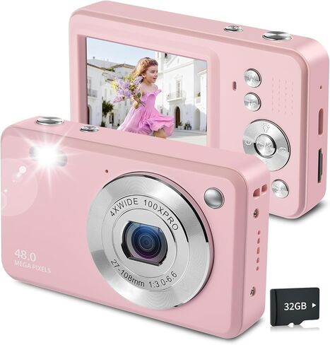 كاميرا رقمية للأطفال، كاميرات رقمية بدقة 1080 بكسل بدقة 48 ميجابكسل مع بطاقة ذاكرة 32 جيجابايت وكاميرا تكبير رقمية 16X للأطفال، هدية صغيرة محمولة مدمجة للأولاد والبنات المراهقين in Kuwait