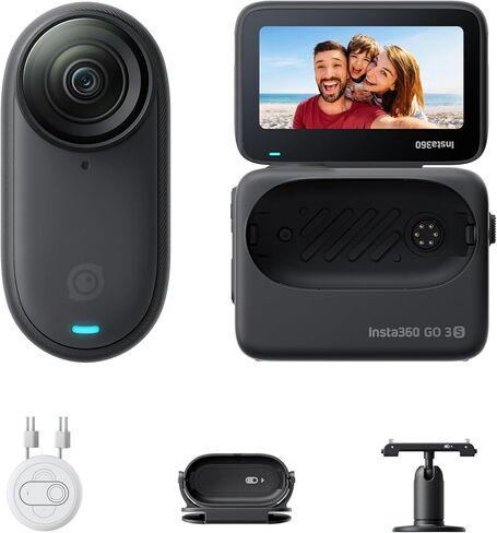 Insta360 GO 3S - كاميرا تسجيل فيديو صغيرة محمولة سعة 128 جيجابايت باللون الأسود بدقة 4K، نقاط نظر بدون استخدام اليدين، يمكن تركيبها في أي مكان، تثبيت، عمر بطارية يصل إلى 140 دقيقة، مقاومة للماء حتى عمق 10 أمتار، زاوية رؤية للحيوانات الأليفة (متجددة) in Kuwait