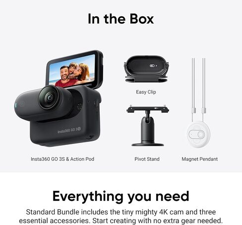Insta360 GO 3S - كاميرا تسجيل فيديو صغيرة محمولة سعة 128 جيجابايت باللون الأسود بدقة 4K، نقاط نظر بدون استخدام اليدين، يمكن تركيبها في أي مكان، تثبيت، عمر بطارية يصل إلى 140 دقيقة، مقاومة للماء حتى عمق 10 أمتار، زاوية رؤية للحيوانات الأليفة (متجددة) in Kuwait